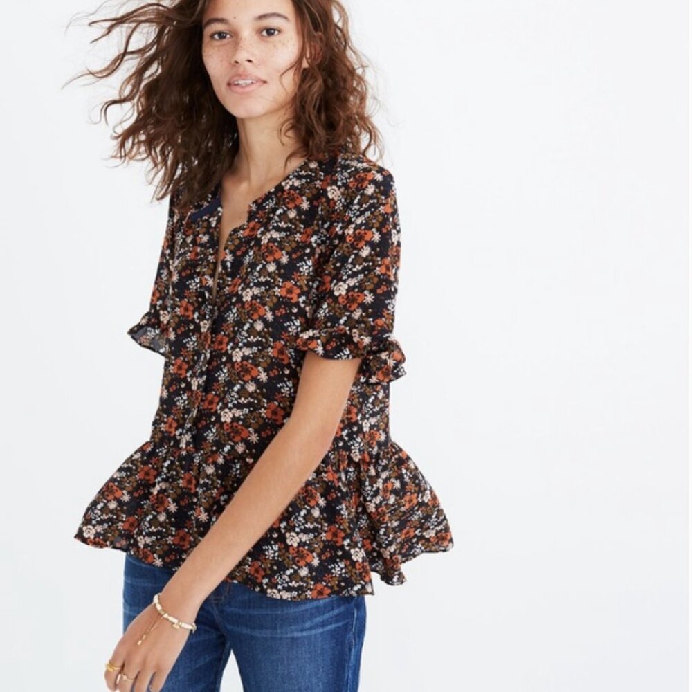 Madewell Floral Ruffle Blouse - Black and Orange
